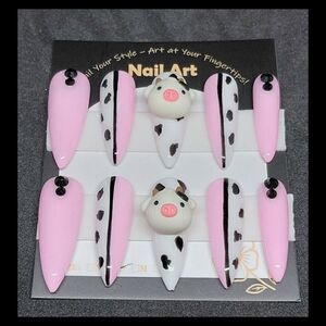 Handmade Hard Gel Pink and White Cow Print Press on Nail Art Set